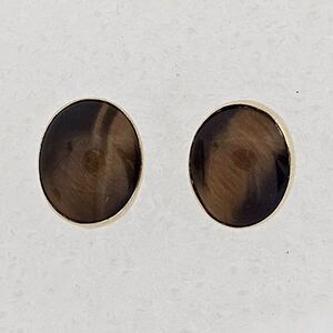 14K Yellow Gold Tiger Eye Gemstone Stone Oval Pierced Stud Earrings 2.30 Grams